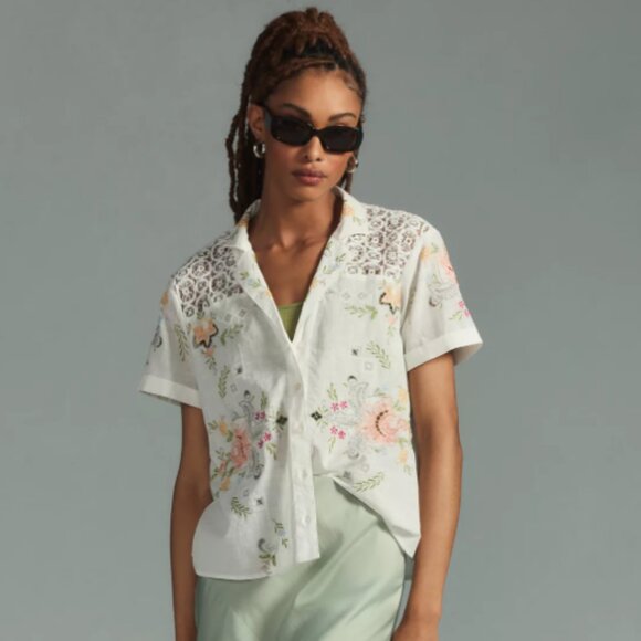 By Anthropologie Embroidered Short Sleeve Shirt - Picture 1 of 6
